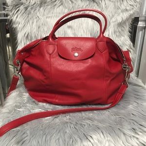 Longchamp red le pliage cuir leather bag Med